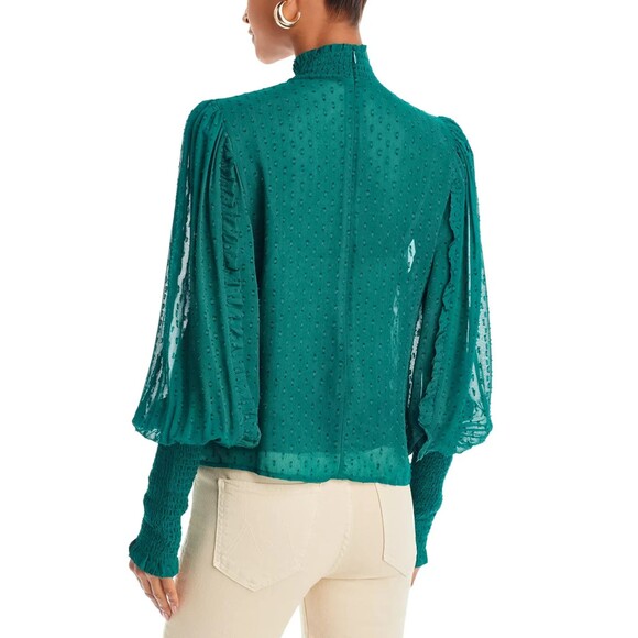 Farm Rio Emerald Green Ruffled Boho Blouse Swiss Dot Semi Sheer Mock Neck Size L - Picture 10 of 15